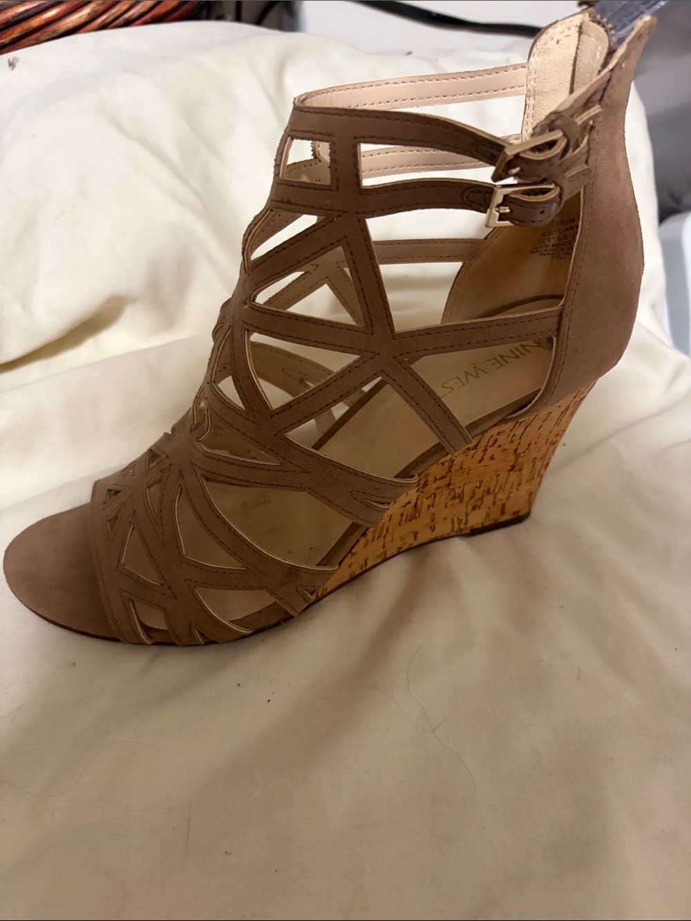 Nine West Taupe Strappy Cork Wedge Sandals